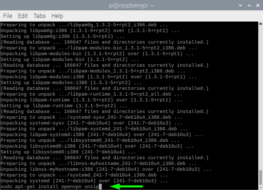 A screenshot showing how to install OpenVPN by using the command in Raspbian